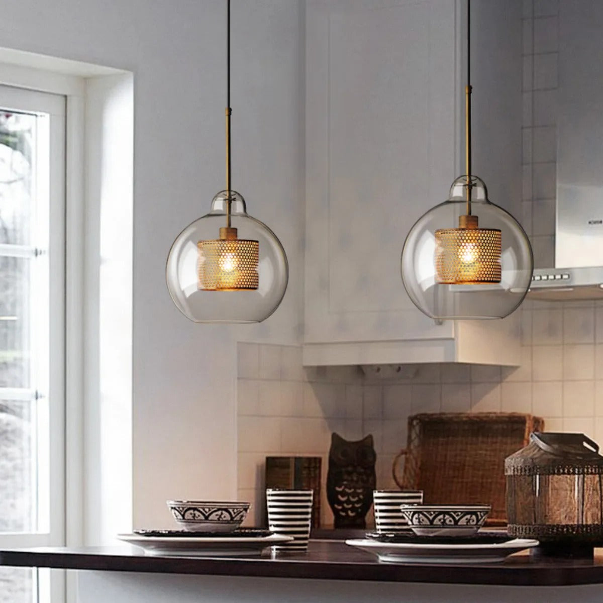 Arisha Contemporary Golden Pendant Light, Metal/Glass, Globe/Cylindric