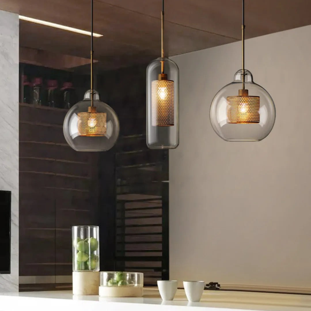 Arisha Contemporary Golden Pendant Light, Metal/Glass, Globe/Cylindric