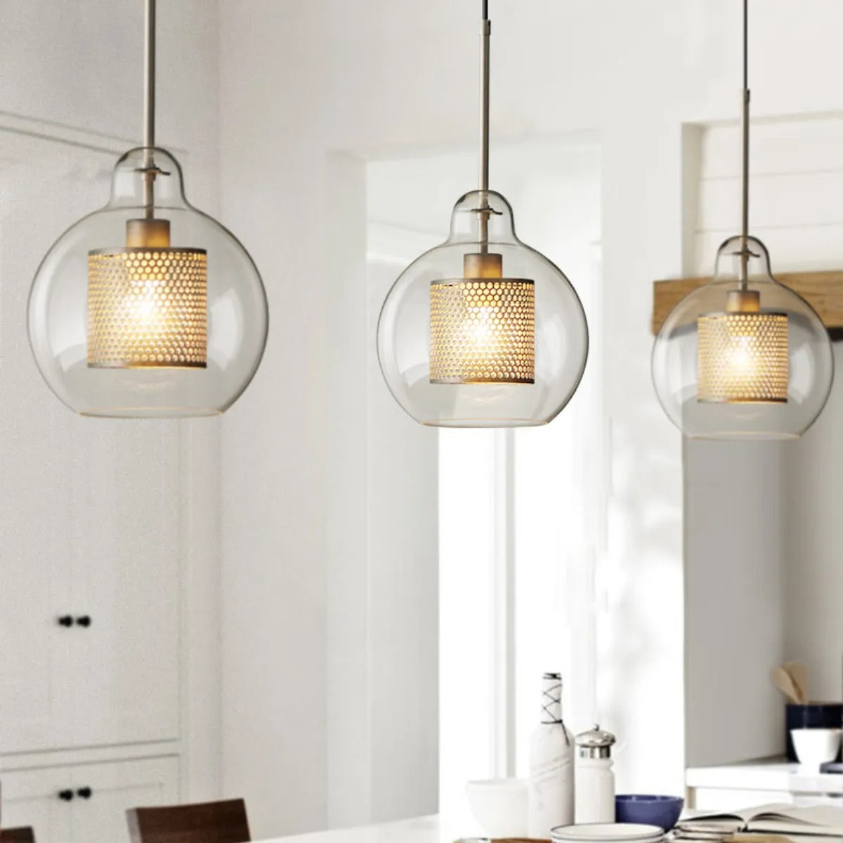 Arisha Contemporary Golden Pendant Light, Metal/Glass, Globe/Cylindric