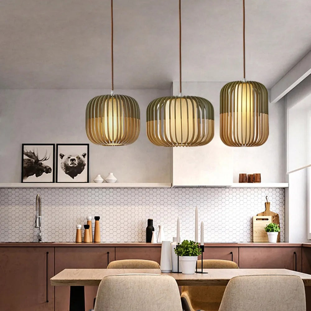 Muto Modern Birdcage Wood/Fabric Pendant Light
