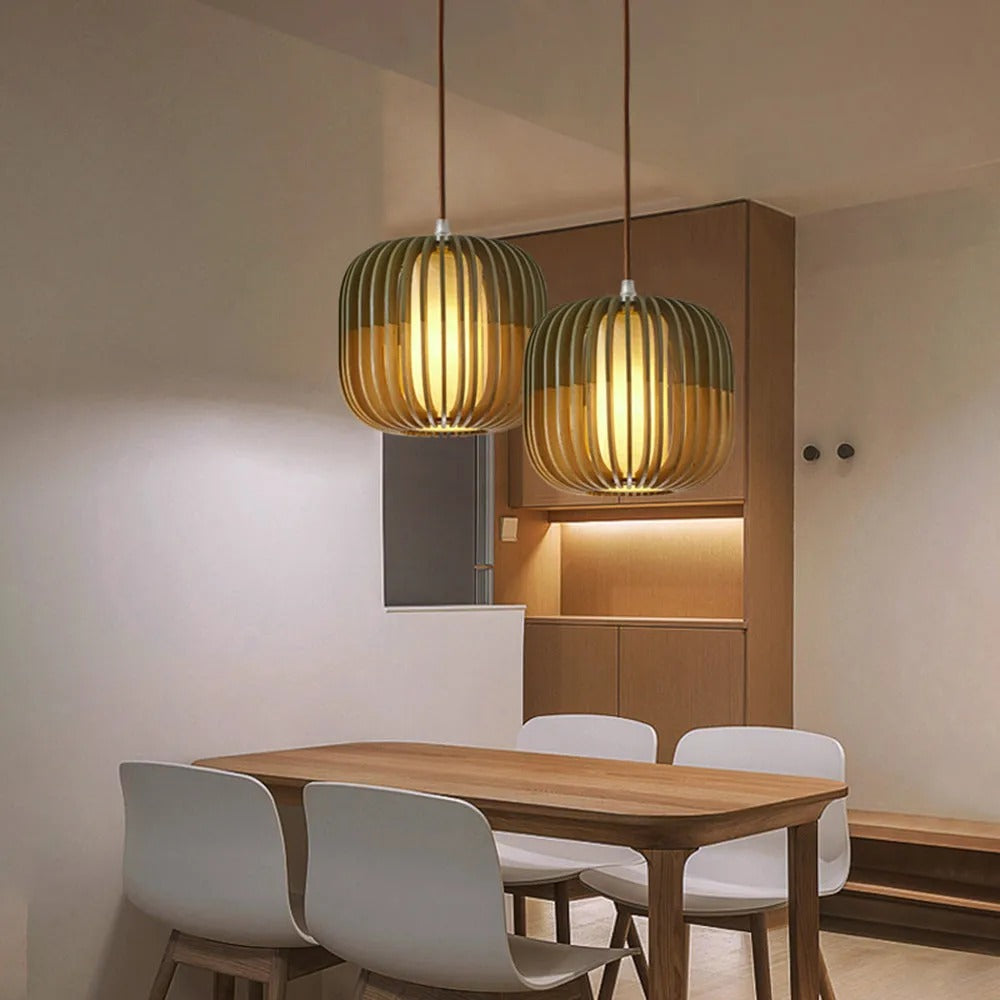 Muto Modern Birdcage Wood/Fabric Pendant Light