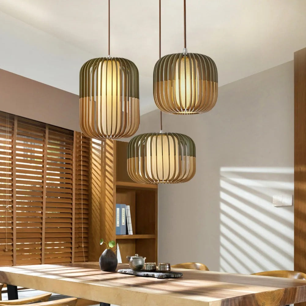 Muto Modern Birdcage Wood/Fabric Pendant Light