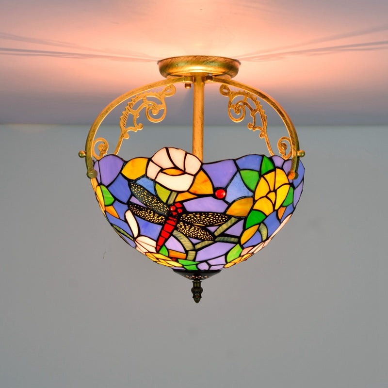 Tiffany Vintage Acrylic Flush Mount Ceiling Light Multicolor Glass - Letslighting
