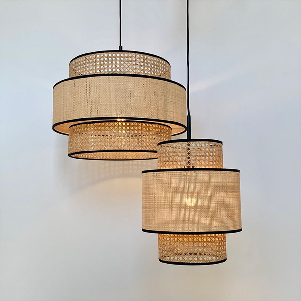 Ritta Wabi Sabi Tri-Layer Cylindrical Rattan/Metal Pendant Light, Wooden