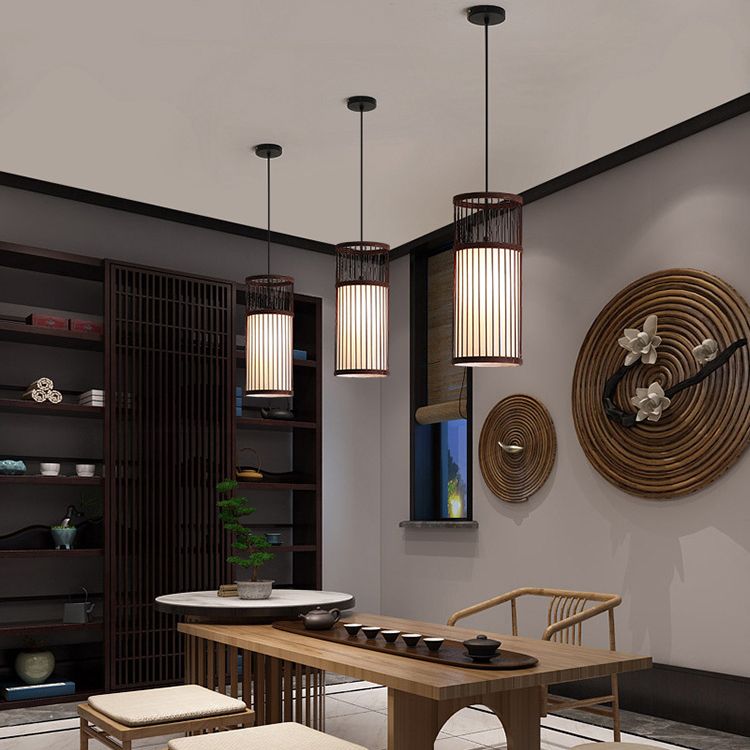 Muto Weave Cylinder Pendant Light, Coffee/Wood, /Bamboo - Letslighting