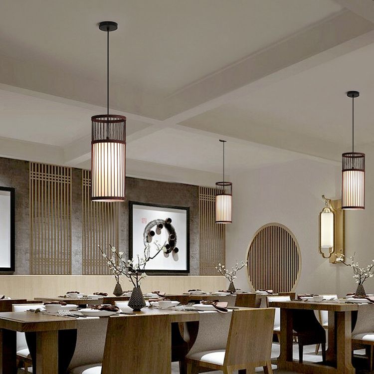 Muto Weave Cylinder Pendant Light, Coffee/Wood, /Bamboo - Letslighting