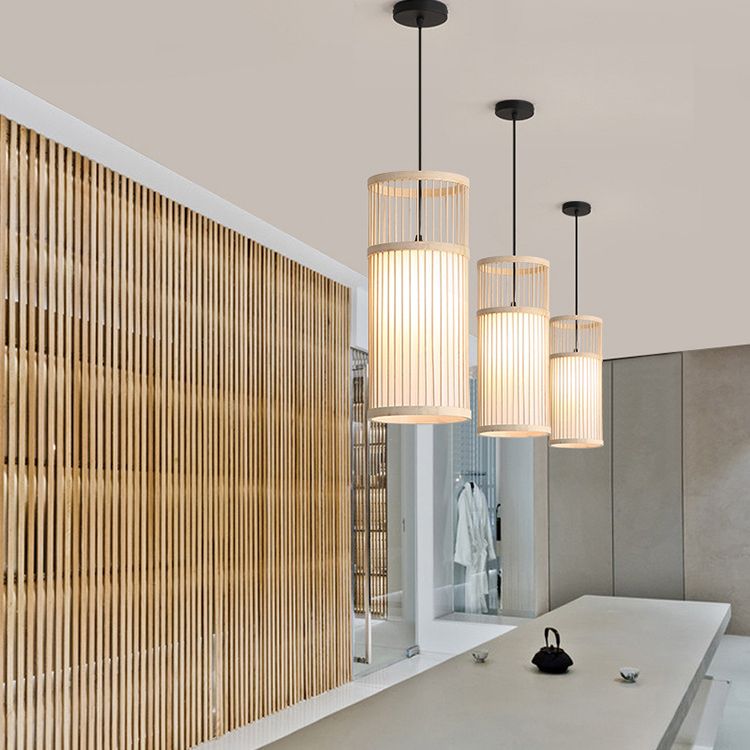 Muto Weave Cylinder Pendant Light, Coffee/Wood, /Bamboo - Letslighting