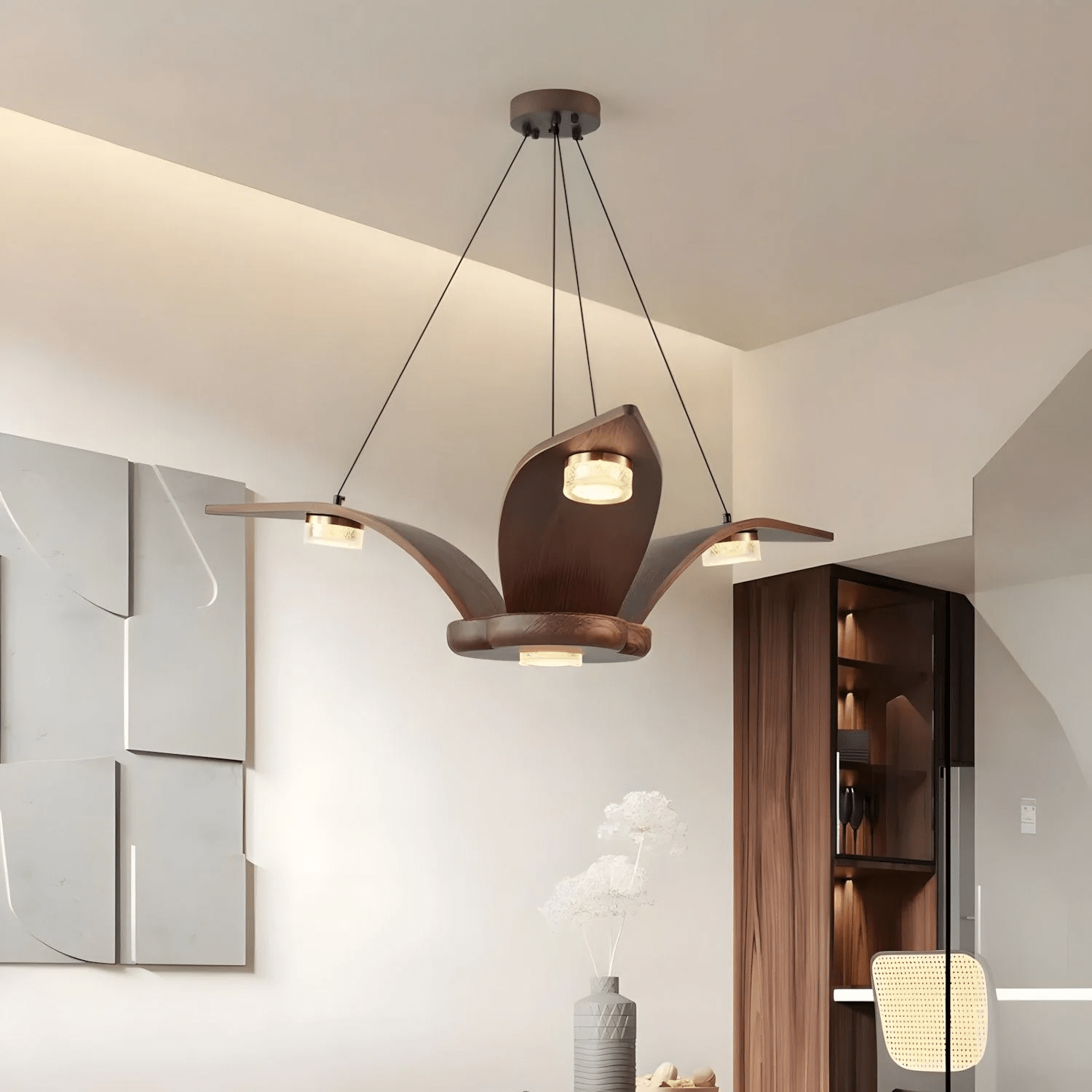 Lustra Chandelier Walnut Wood Crystal Sculptural - Letslighting