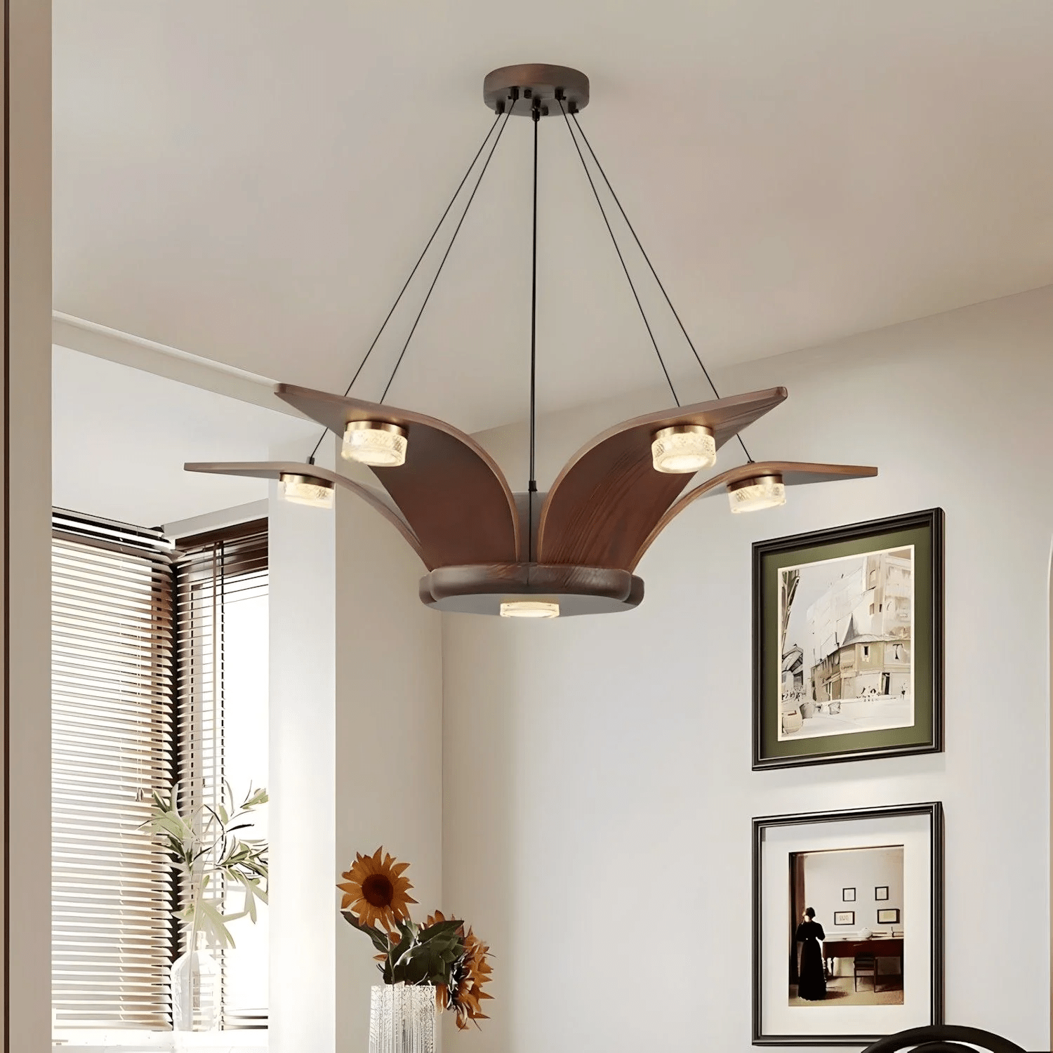 Lustra Chandelier Walnut Wood Crystal Sculptural - Letslighting
