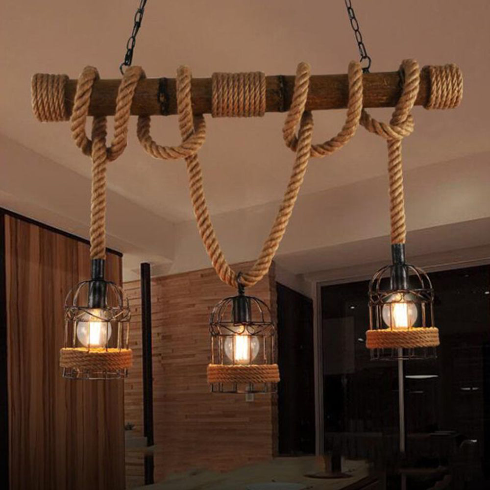 Epoch Vintage Wood Pendant Light, 3 Heads, Hemp rope&Metal