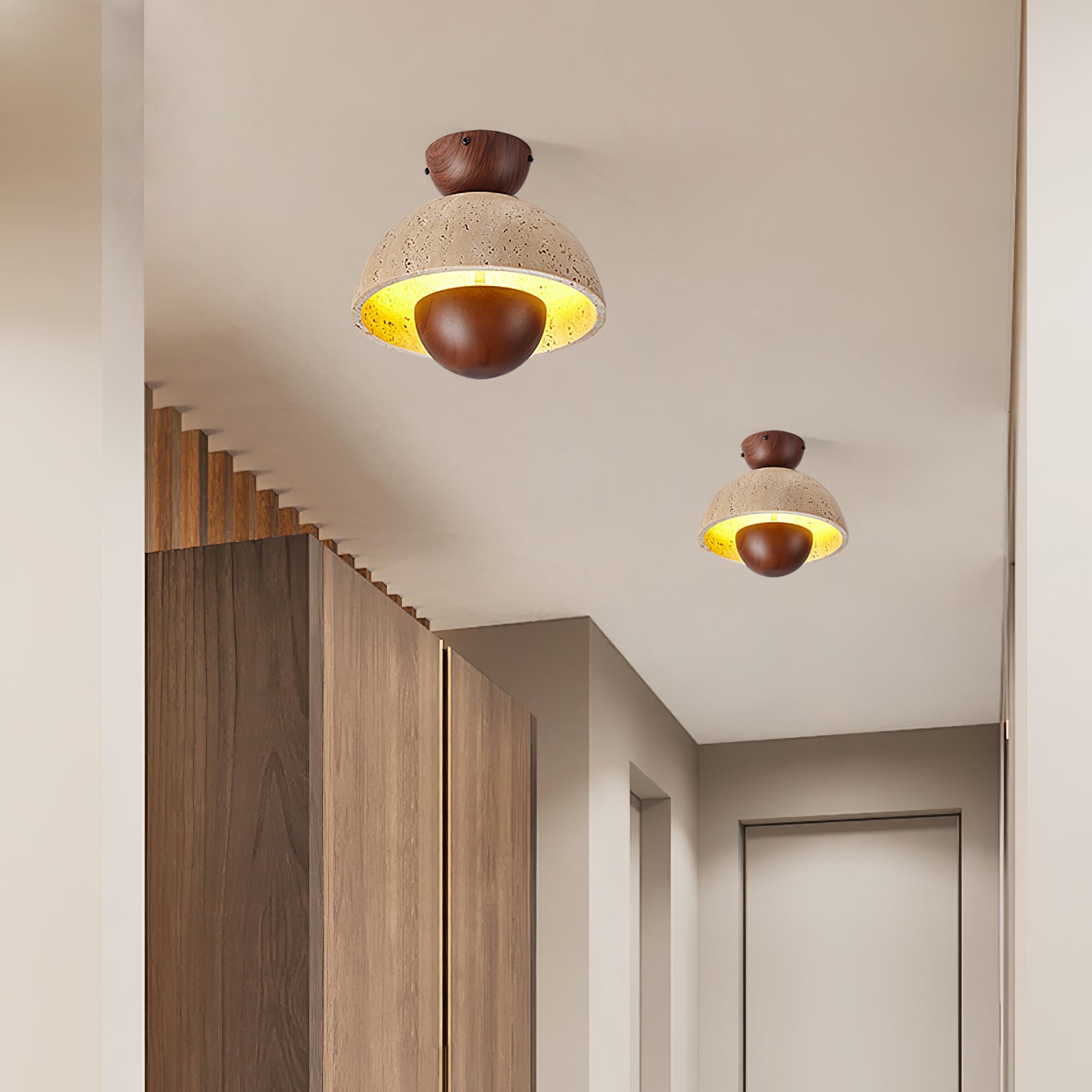 Nerio Modern Travertine & Wood Ceiling Light