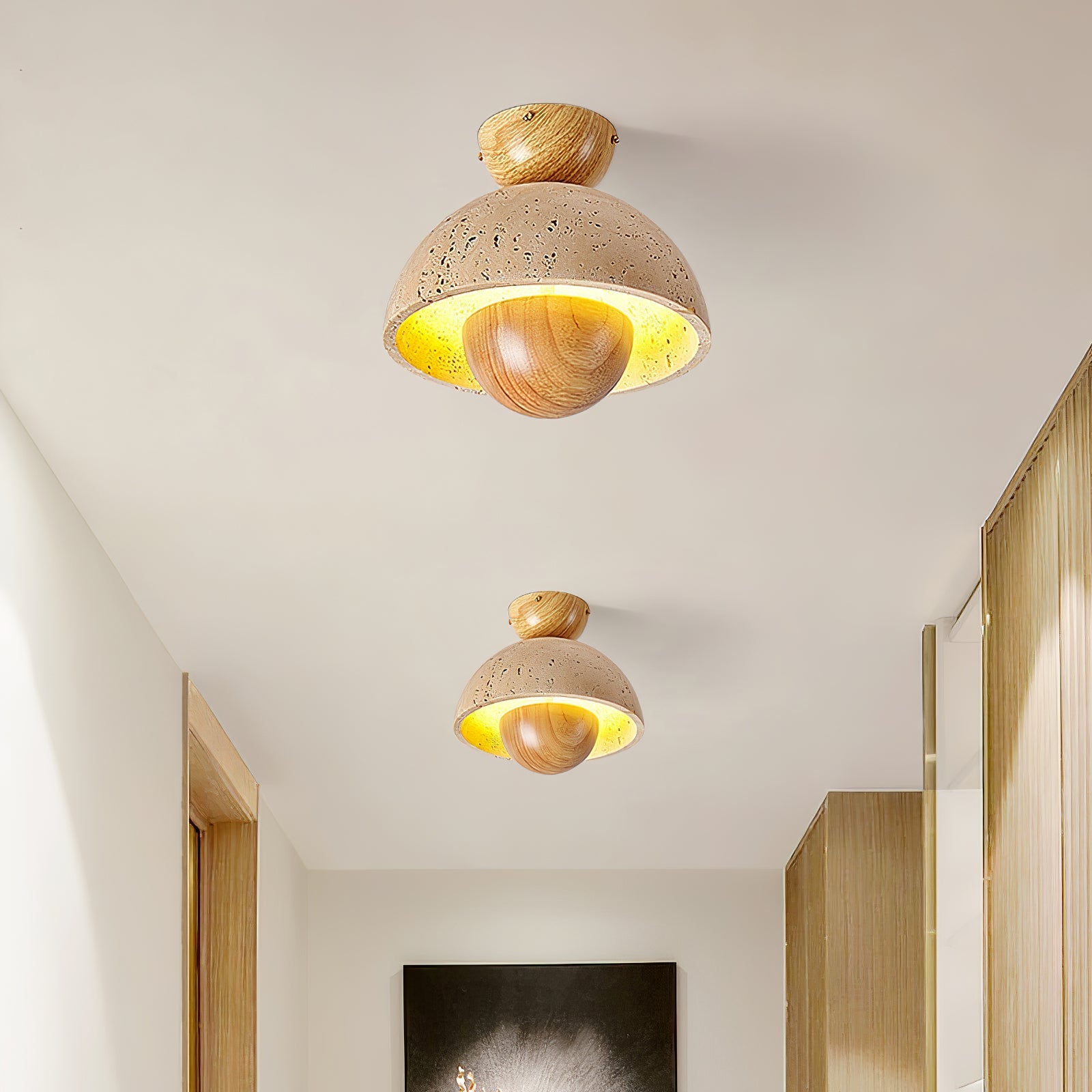 Nerio Modern Travertine & Wood Ceiling Light