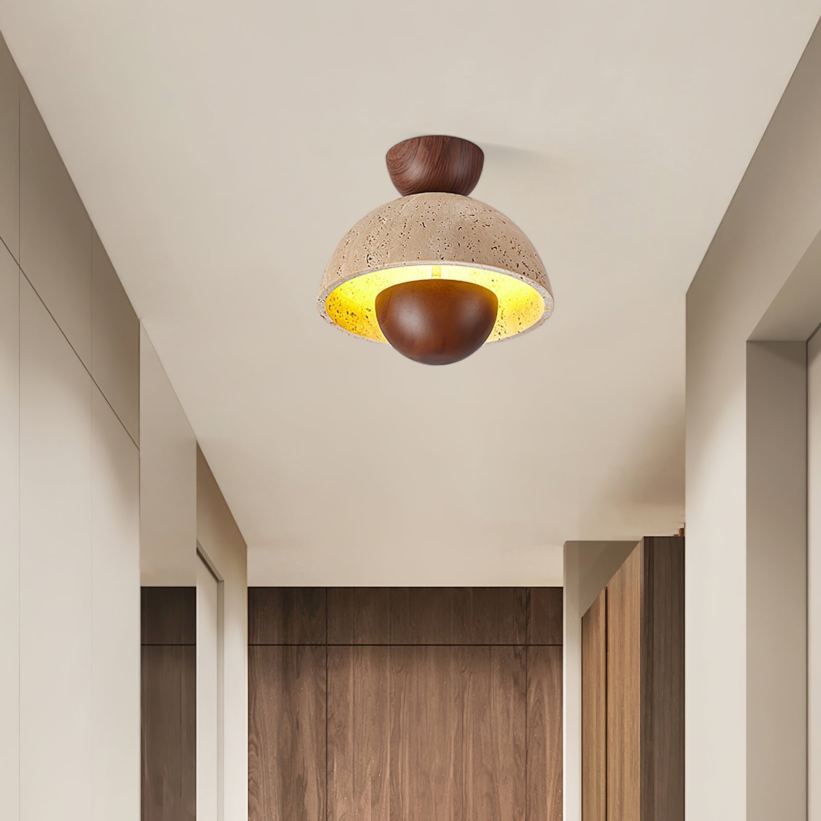 Nerio Modern Travertine & Wood Ceiling Light