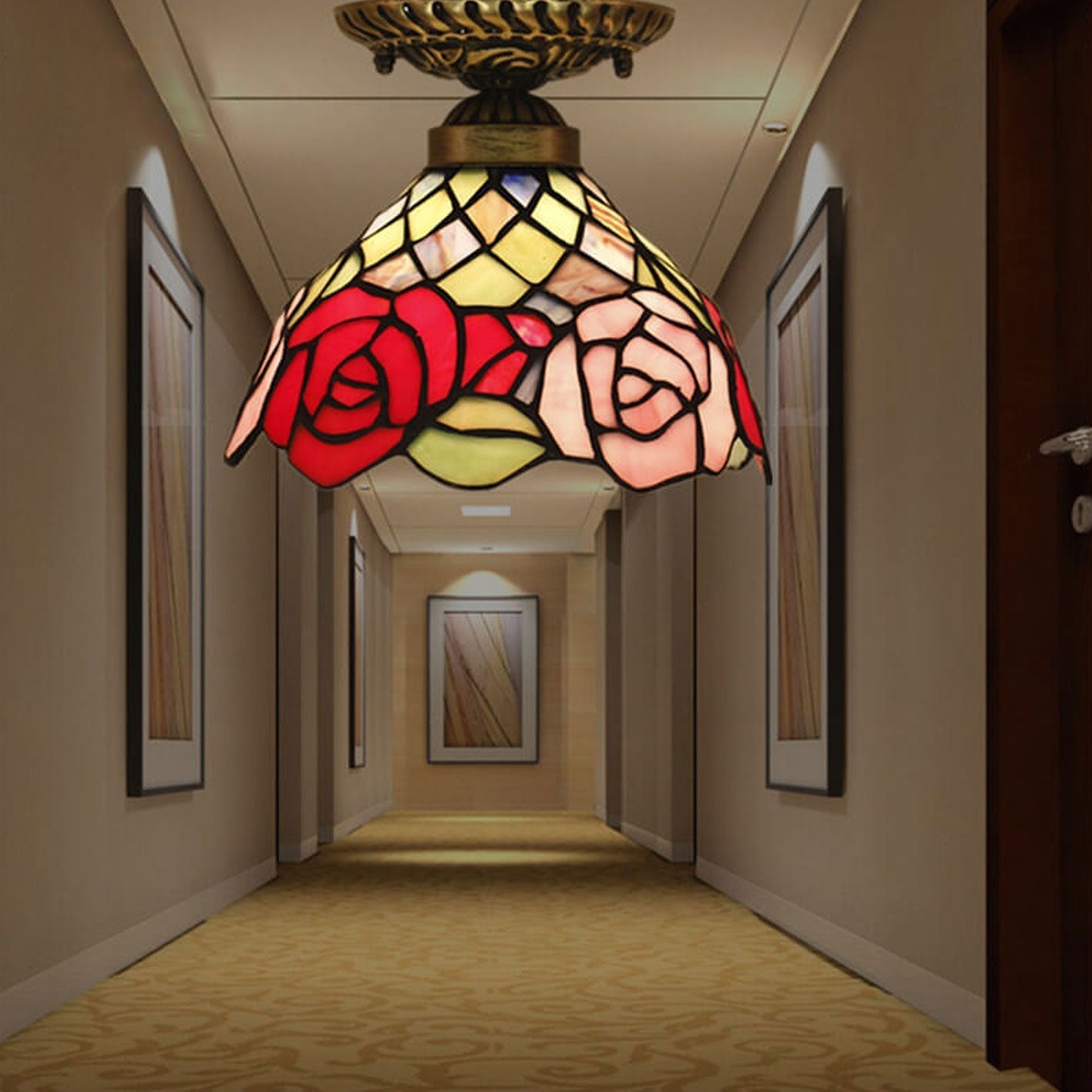 Tiffany Vintage Rose Bowl LED Flush Mount Ceiling Light Living Room - Letslighting