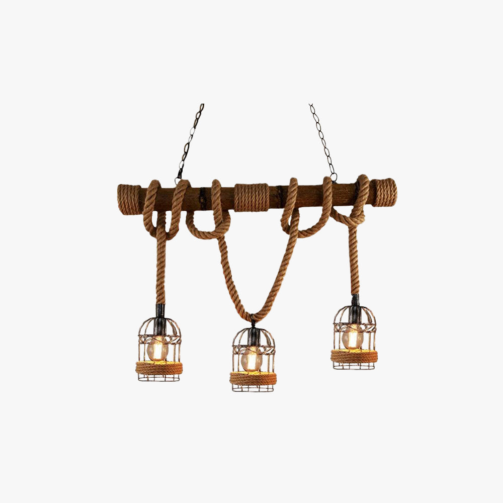 Epoch Vintage Wood Pendant Light, 3 Heads, Hemp rope&Metal