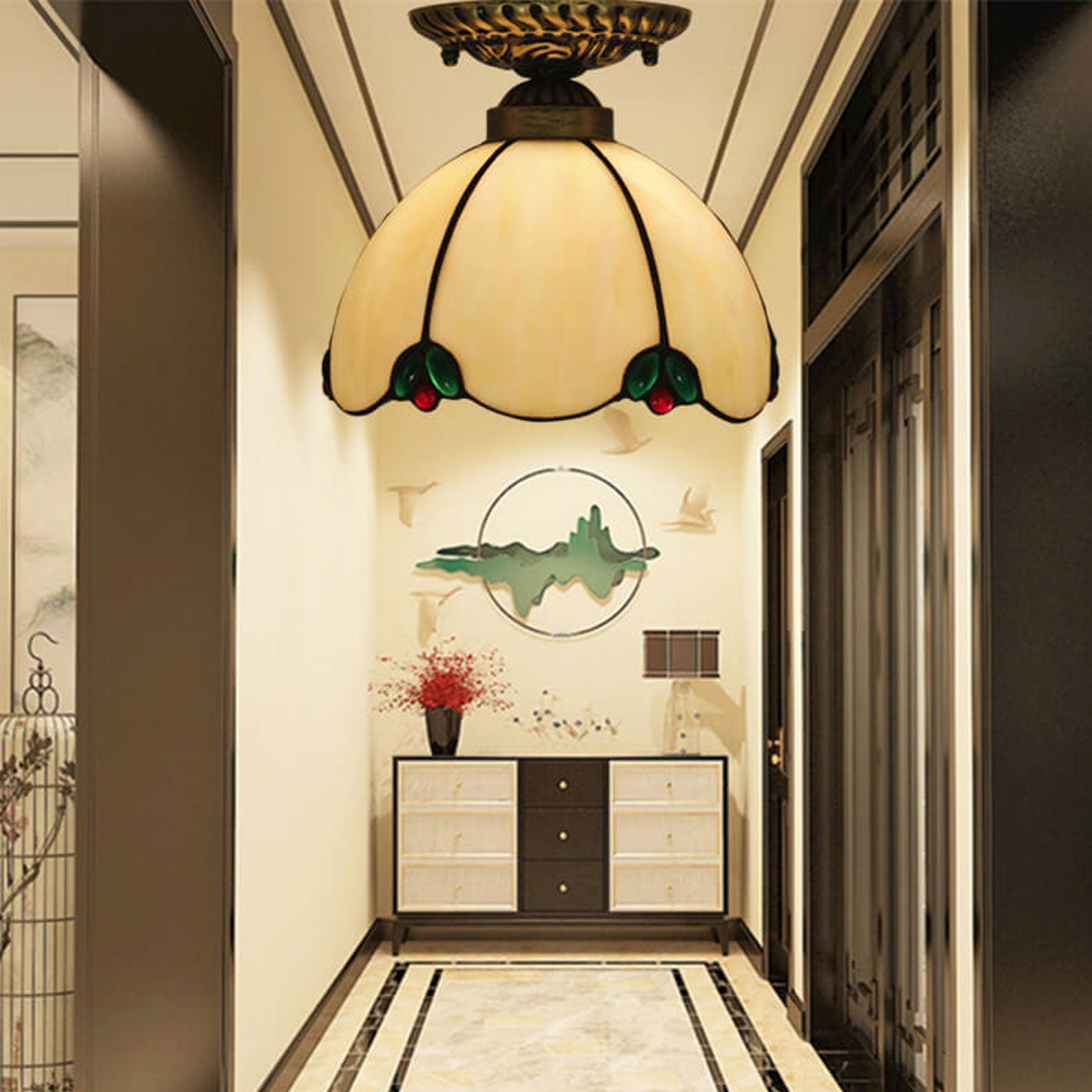 Tiffany Vintage Glass Metal LED Flush Mount Ceiling Light Living Room
