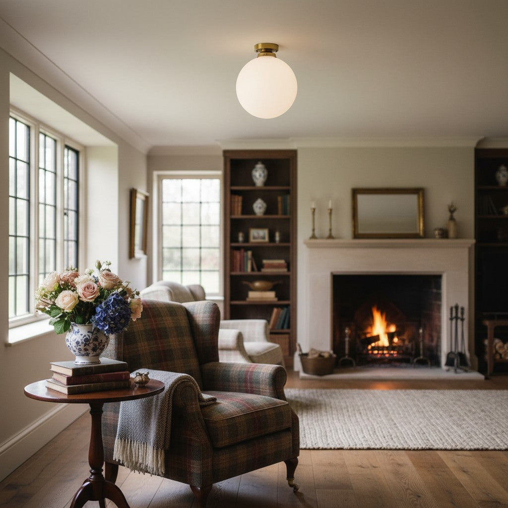 Pearl White Brass Globe Ceiling Light  Contemporary
