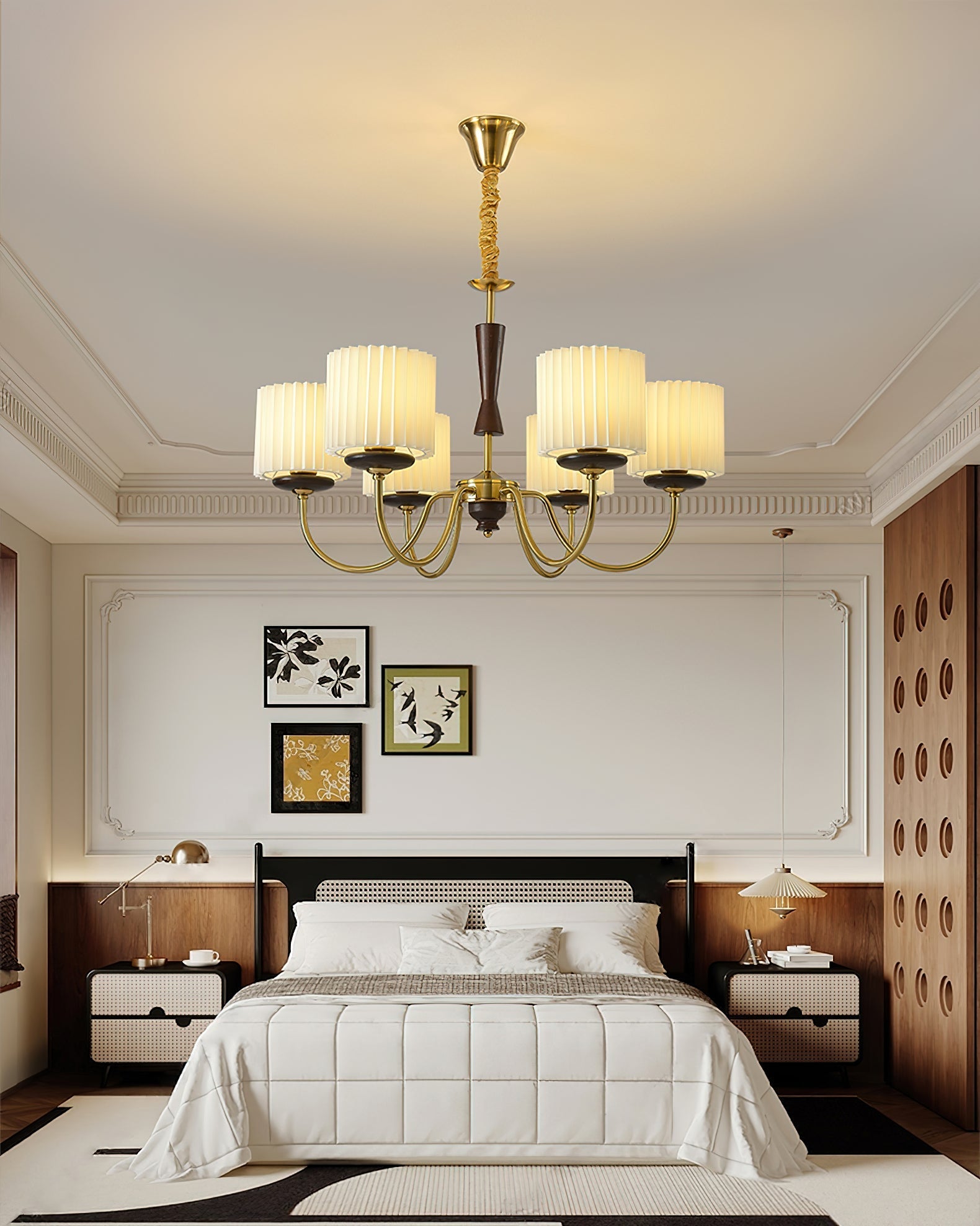 Lustra Chandelier Brass Fabric Pleated Shades - Letslighting