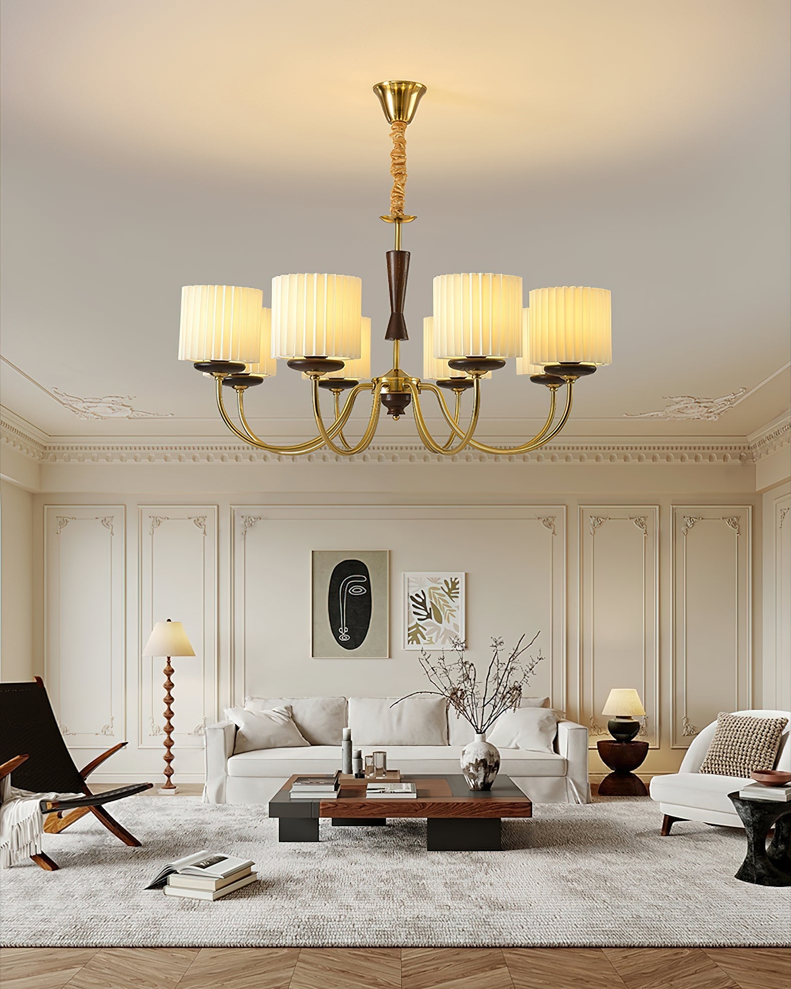 Lustra Chandelier Brass Fabric Pleated Shades - Letslighting