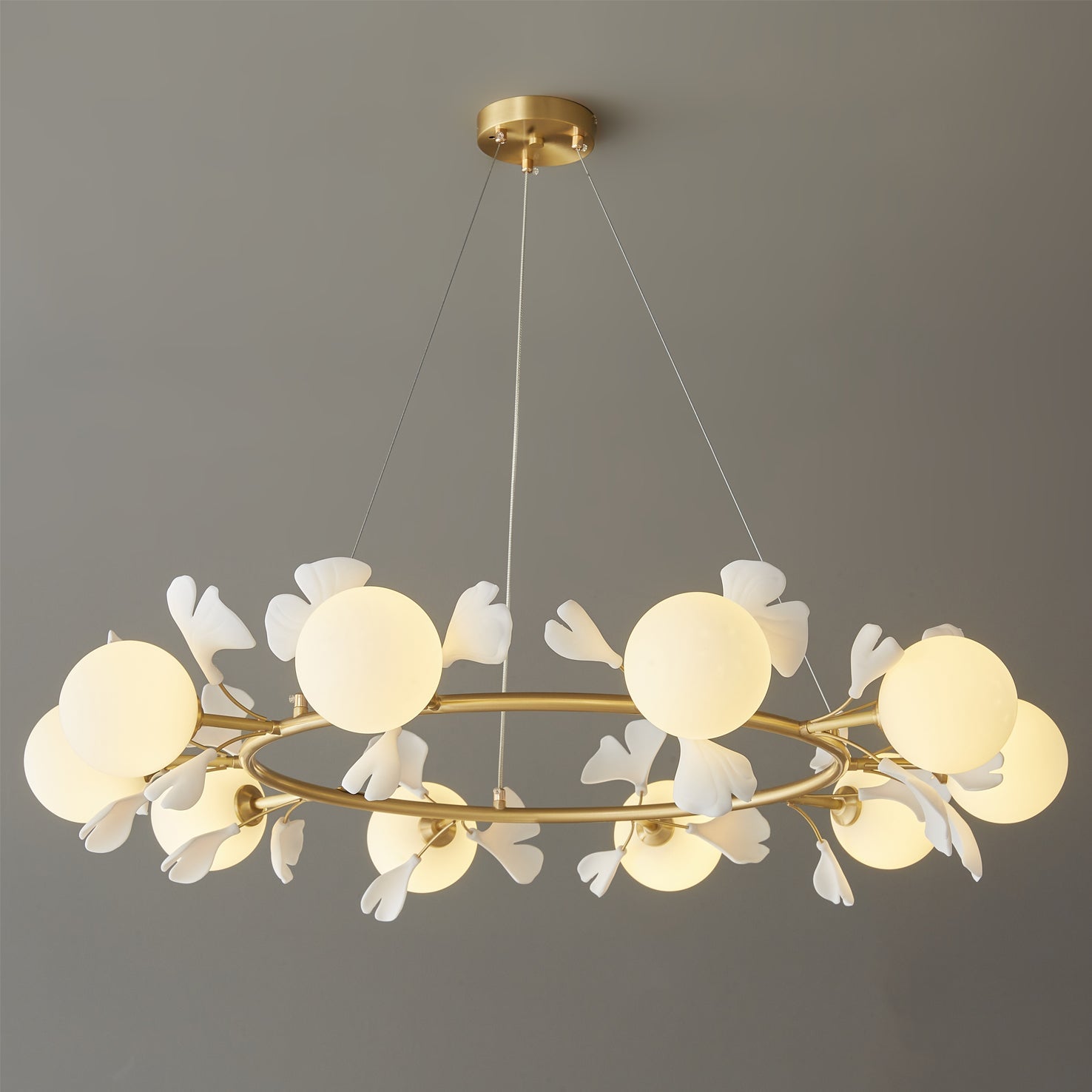 Allanie Gingko Chandelier Round Brass Globe Leaf - Letslighting