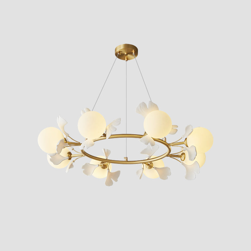 Allanie Gingko Chandelier Round Brass Globe Leaf - Letslighting