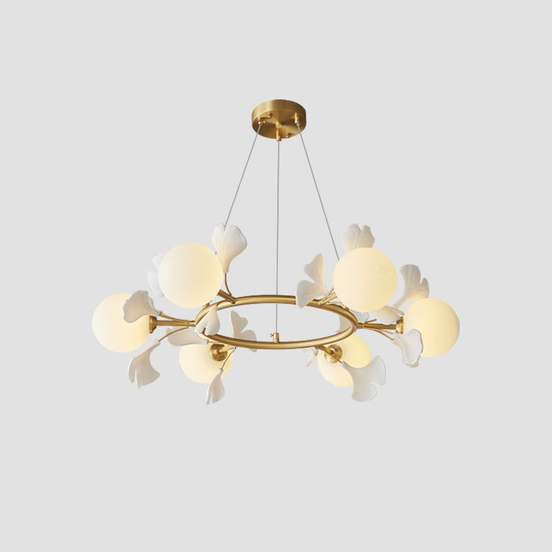 Allanie Gingko Chandelier Round Brass Globe Leaf - Letslighting