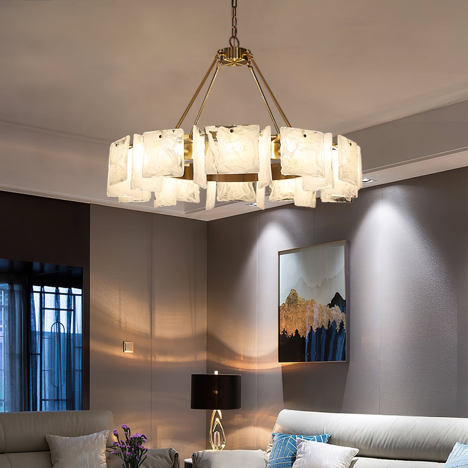 Alsona Chandelier Brushed Copper Glass Panel - Letslighting