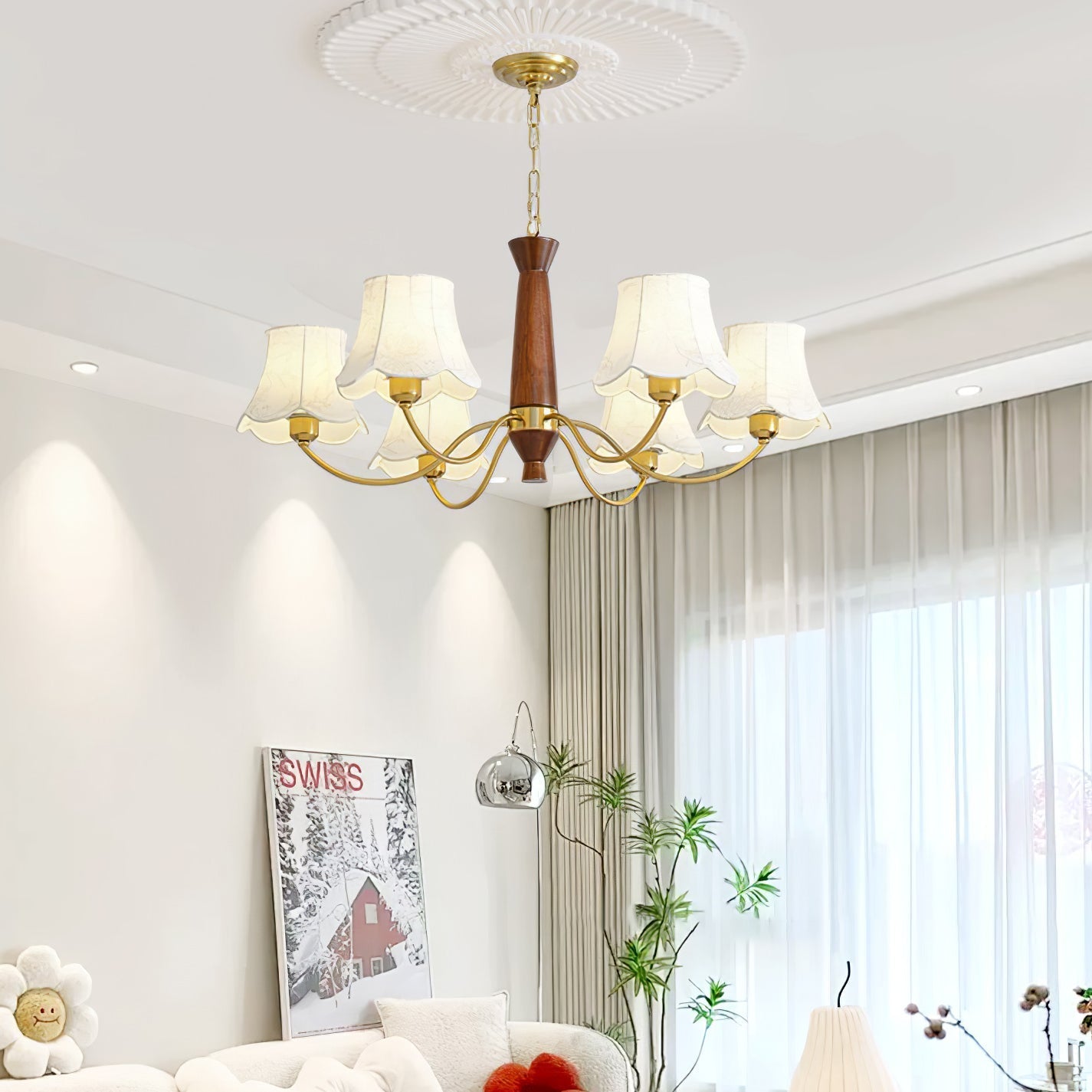 Lustra Chandelier Brass Fabric Curved Arms - Letslighting