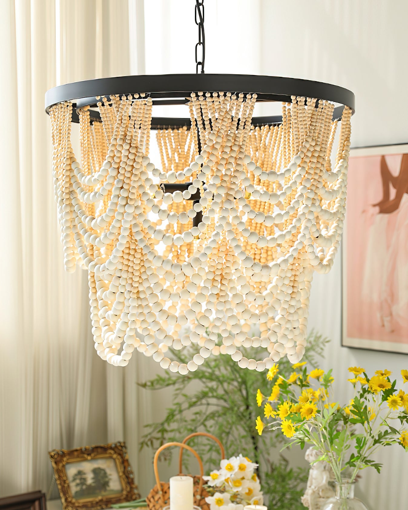Amelia Chandelier Wood Bead Draped Rustic - Letslighting