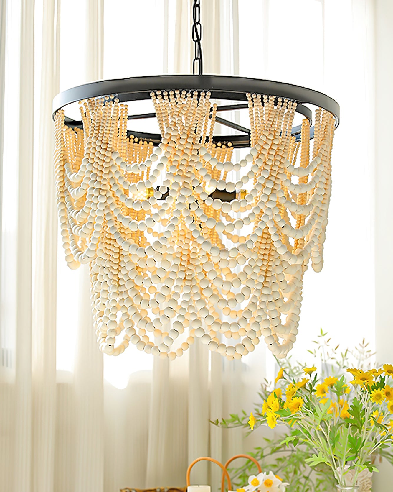 Amelia Chandelier Wood Bead Draped Rustic - Letslighting