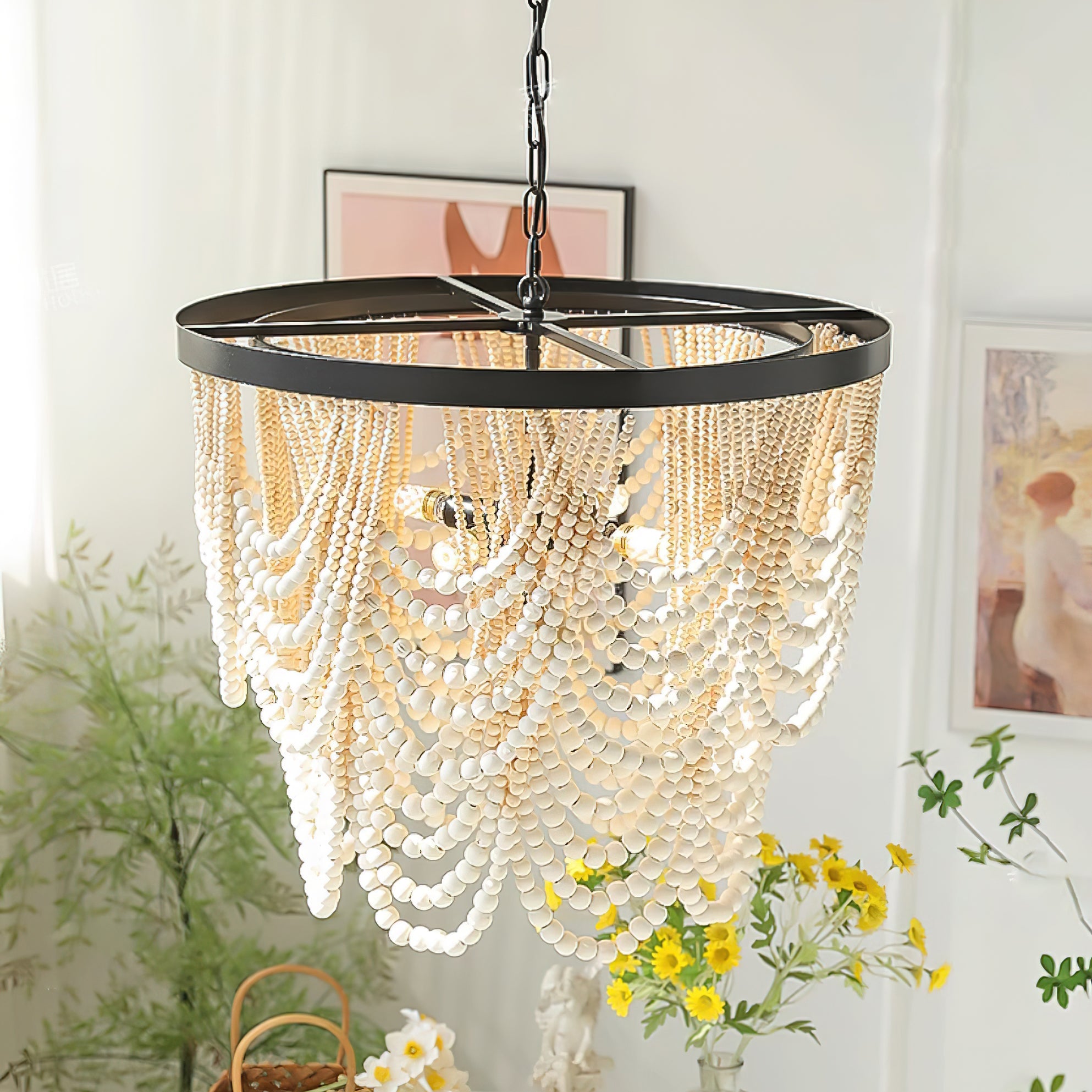 Amelia Chandelier Wood Bead Draped Rustic - Letslighting