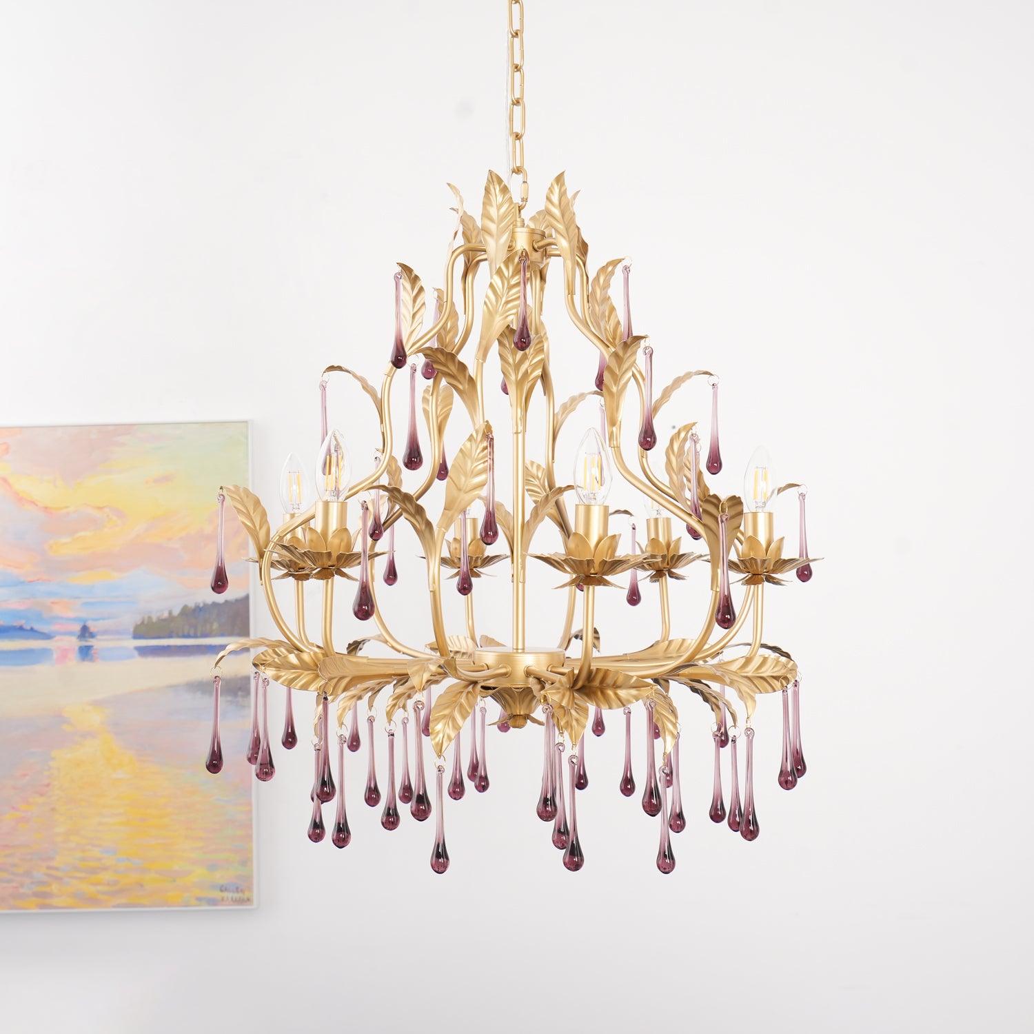 Murano Chandelier Purple Crystal Droplets Gold Leaves - Letslighting