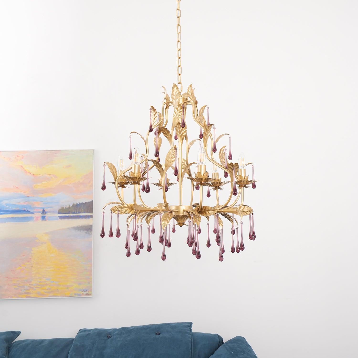 Murano Chandelier Purple Crystal Droplets Gold Leaves - Letslighting