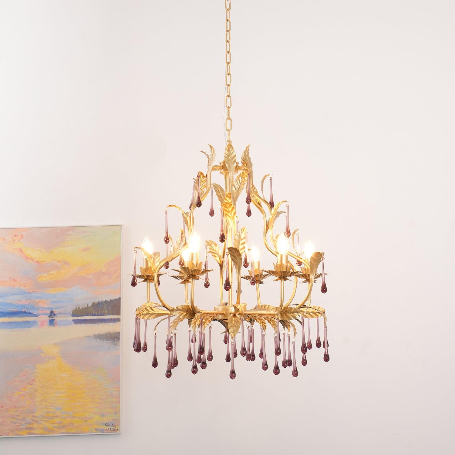 Murano Chandelier Purple Crystal Droplets Gold Leaves - Letslighting