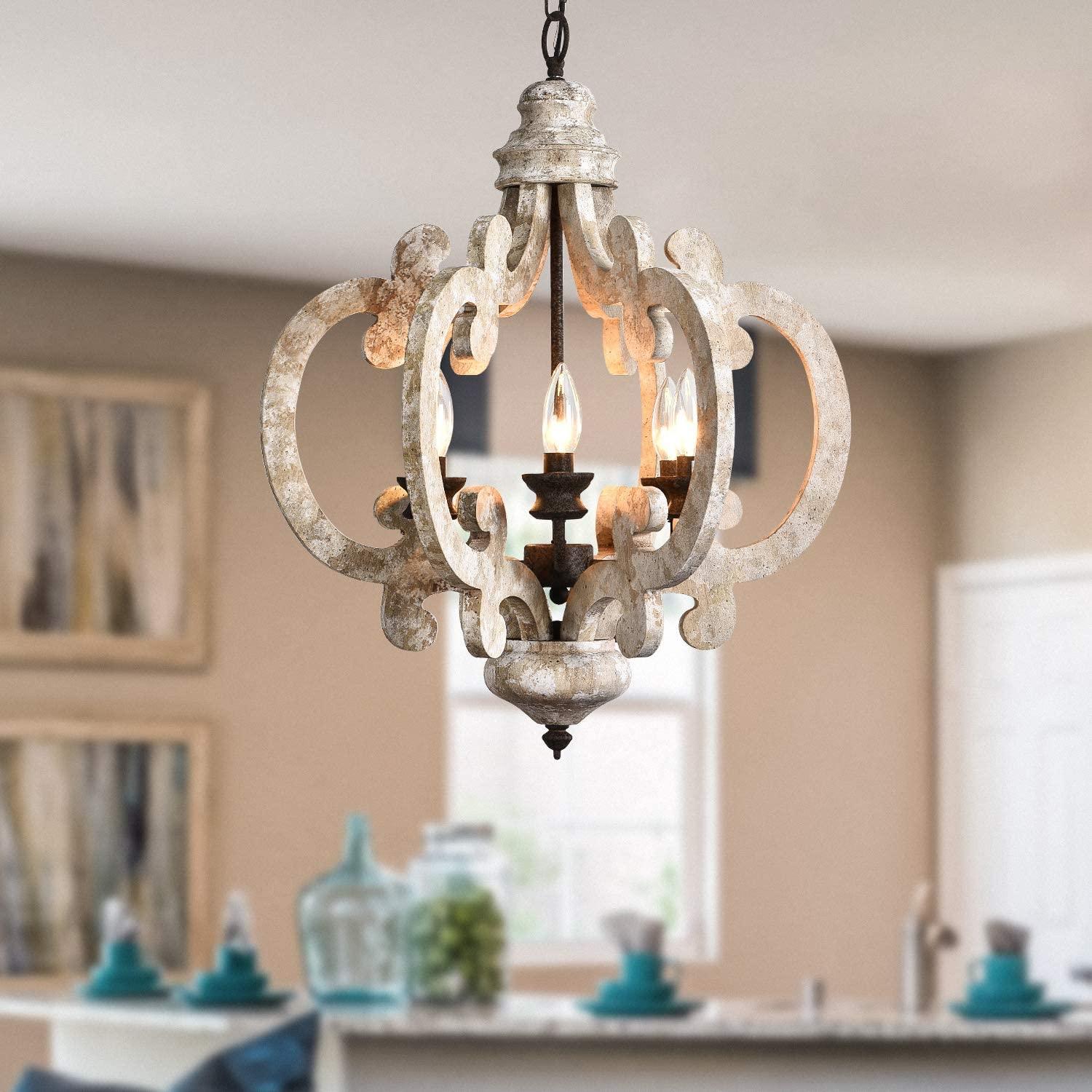Lustra Chandelier Scroll Wood Whitewashed Rustic - Letslighting