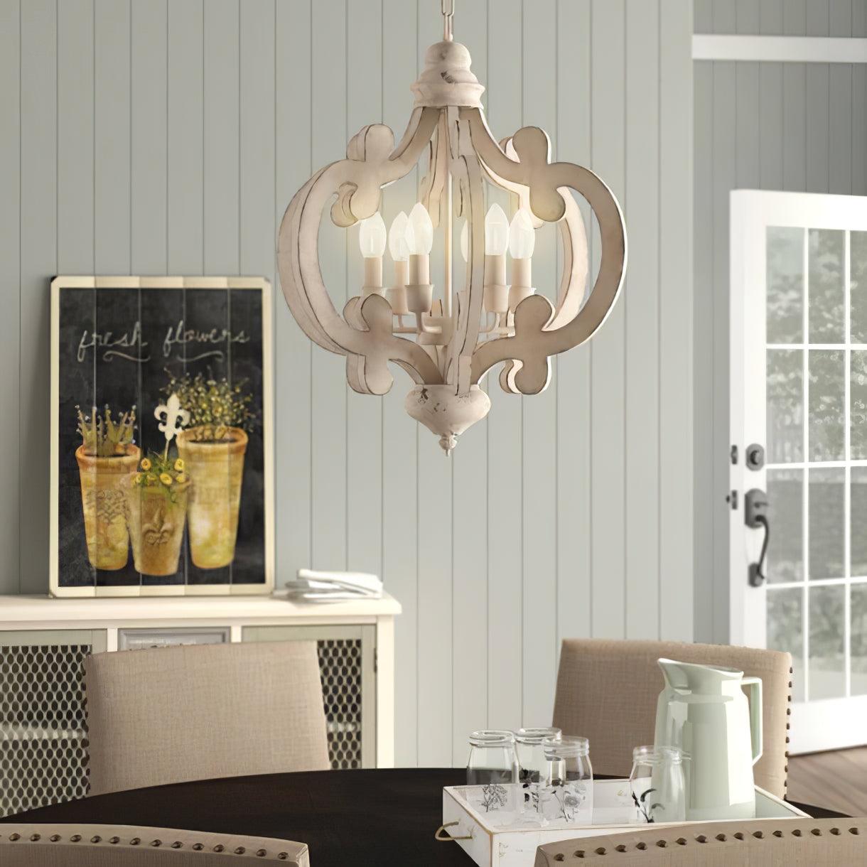 Lustra Chandelier Scroll Wood Whitewashed Rustic - Letslighting