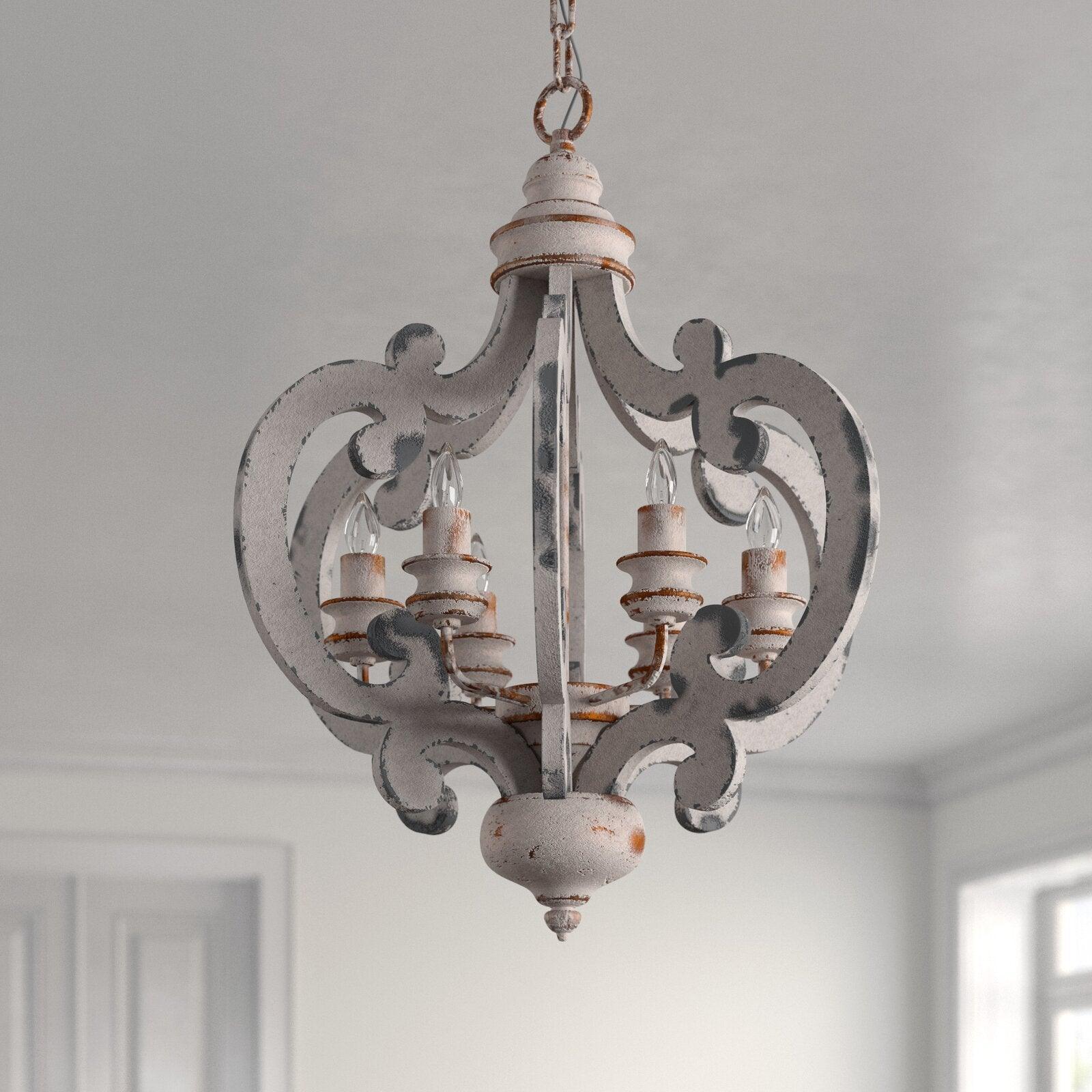 Lustra Chandelier Scroll Wood Whitewashed Rustic - Letslighting
