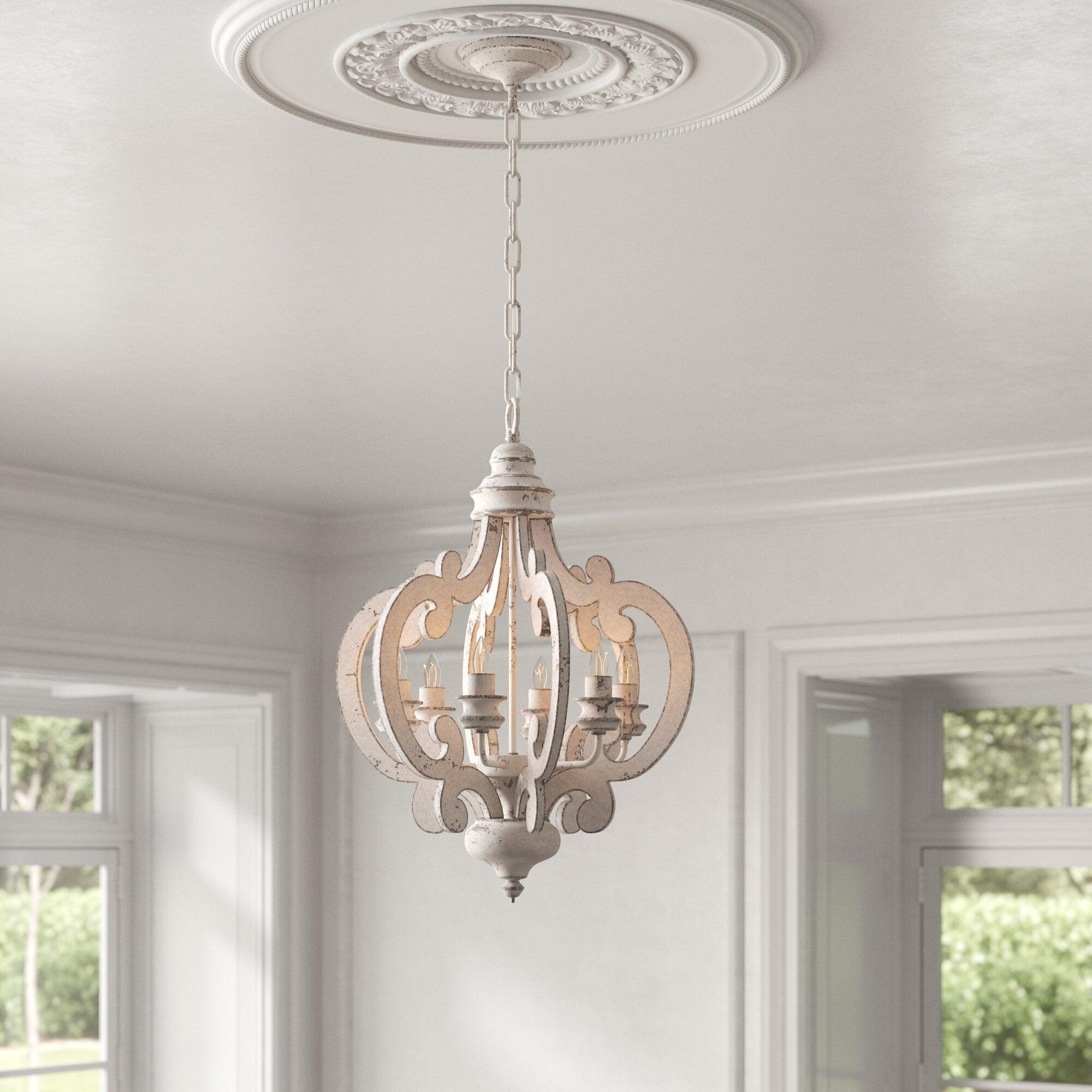 Lustra Chandelier Scroll Wood Whitewashed Rustic - Letslighting