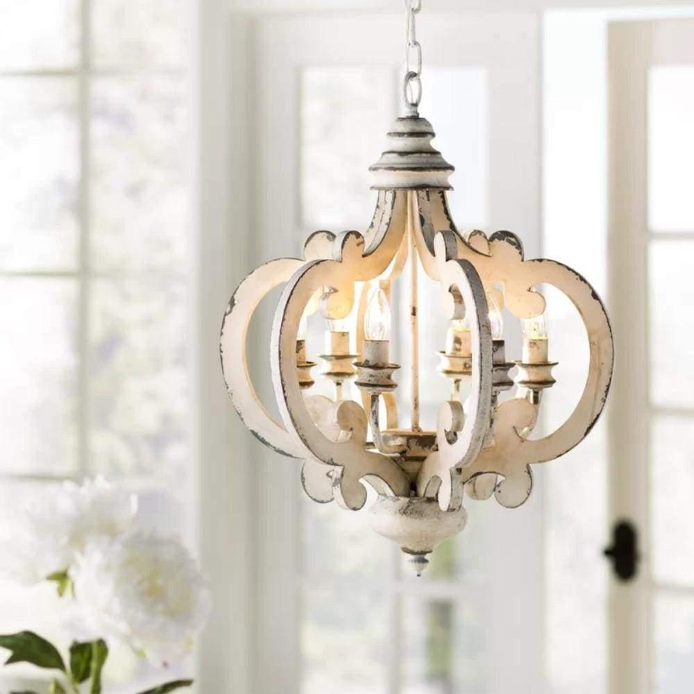 Lustra Chandelier Scroll Wood Whitewashed Rustic - Letslighting