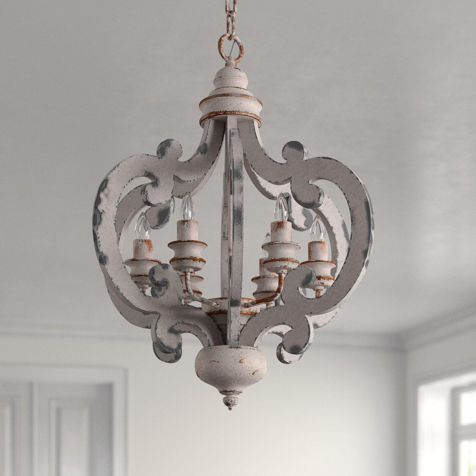 Lustra Chandelier Scroll Wood Whitewashed Rustic - Letslighting