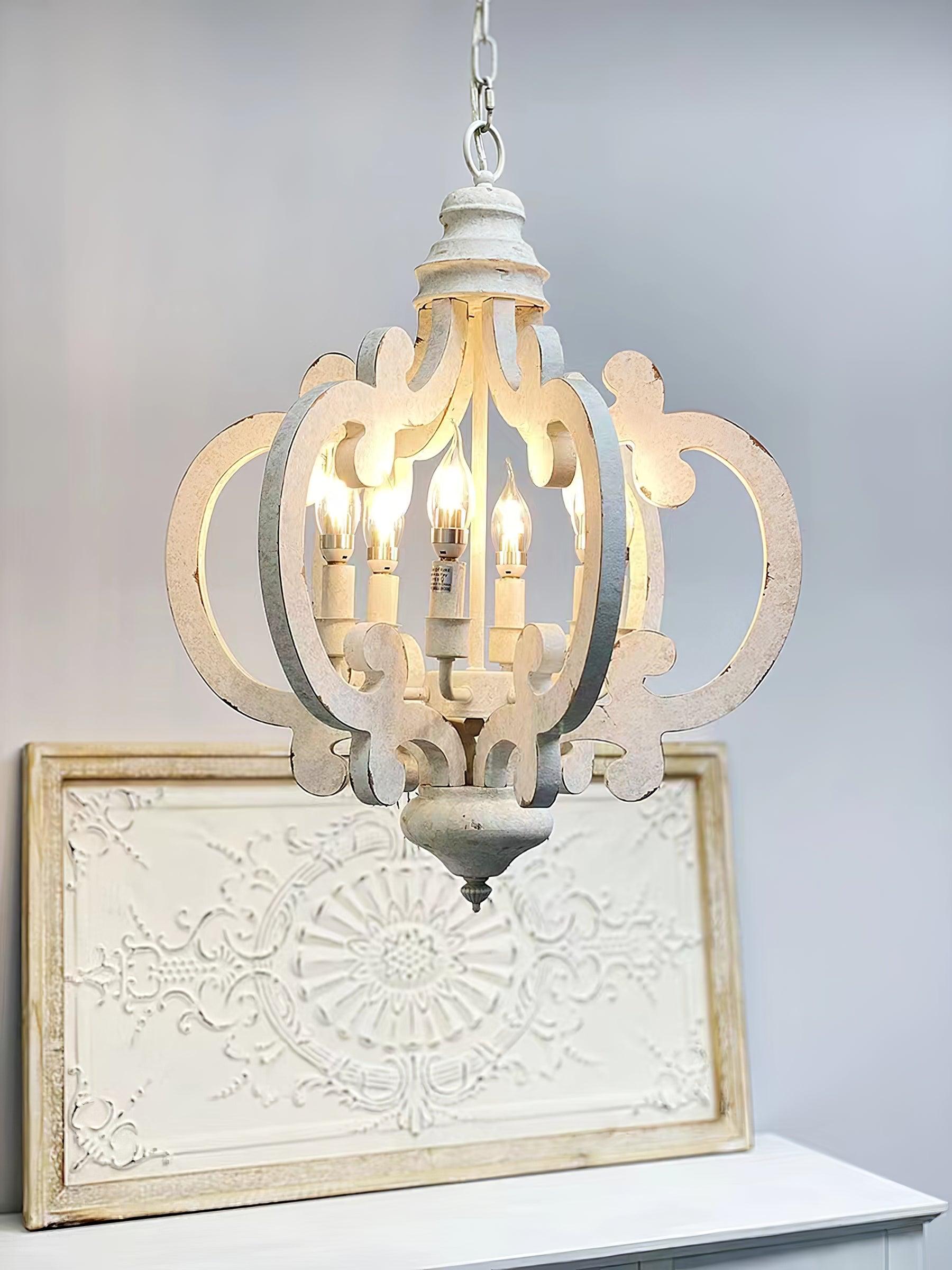 Lustra Chandelier Scroll Wood Whitewashed Rustic - Letslighting