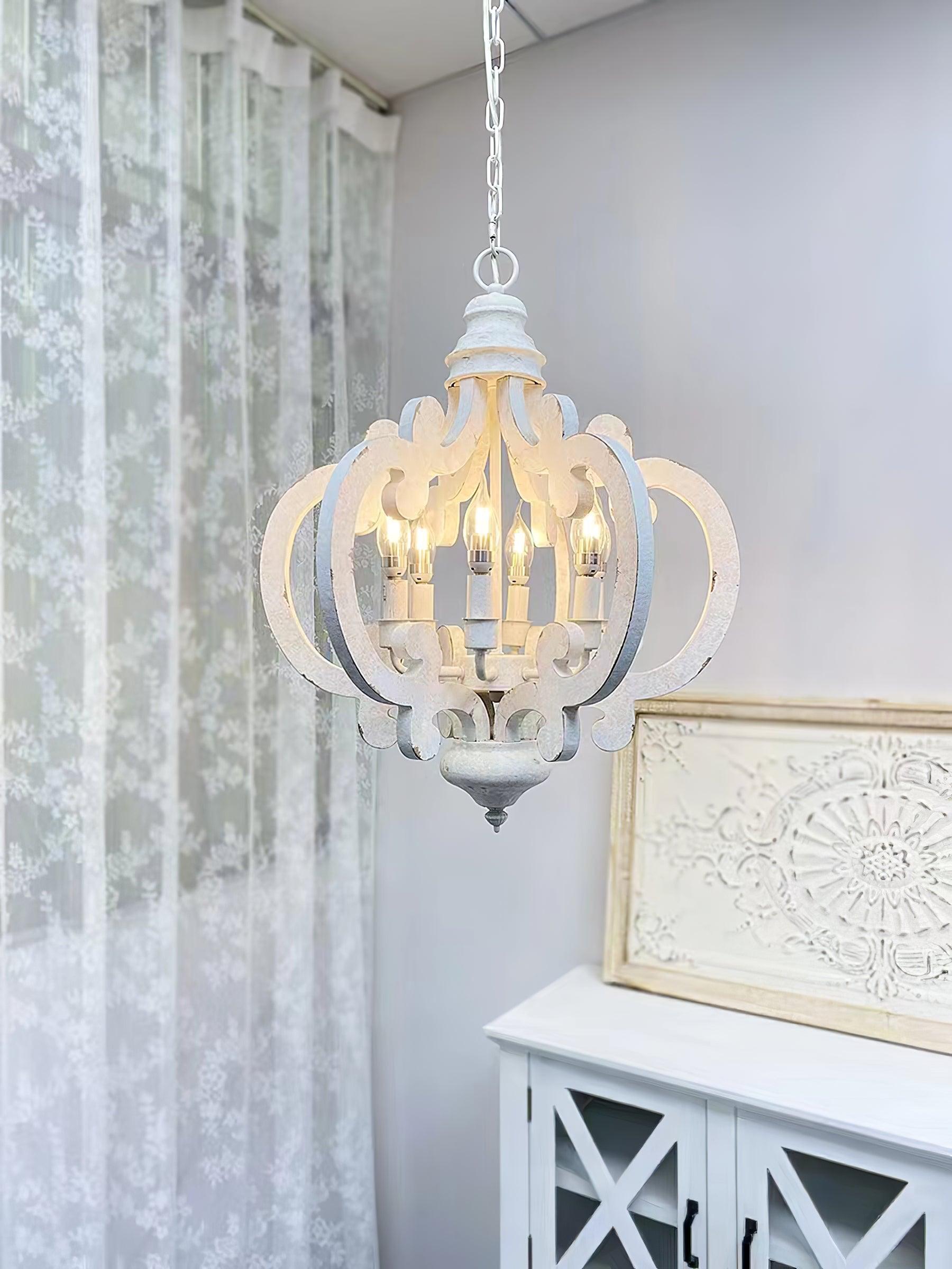 Lustra Chandelier Scroll Wood Whitewashed Rustic - Letslighting