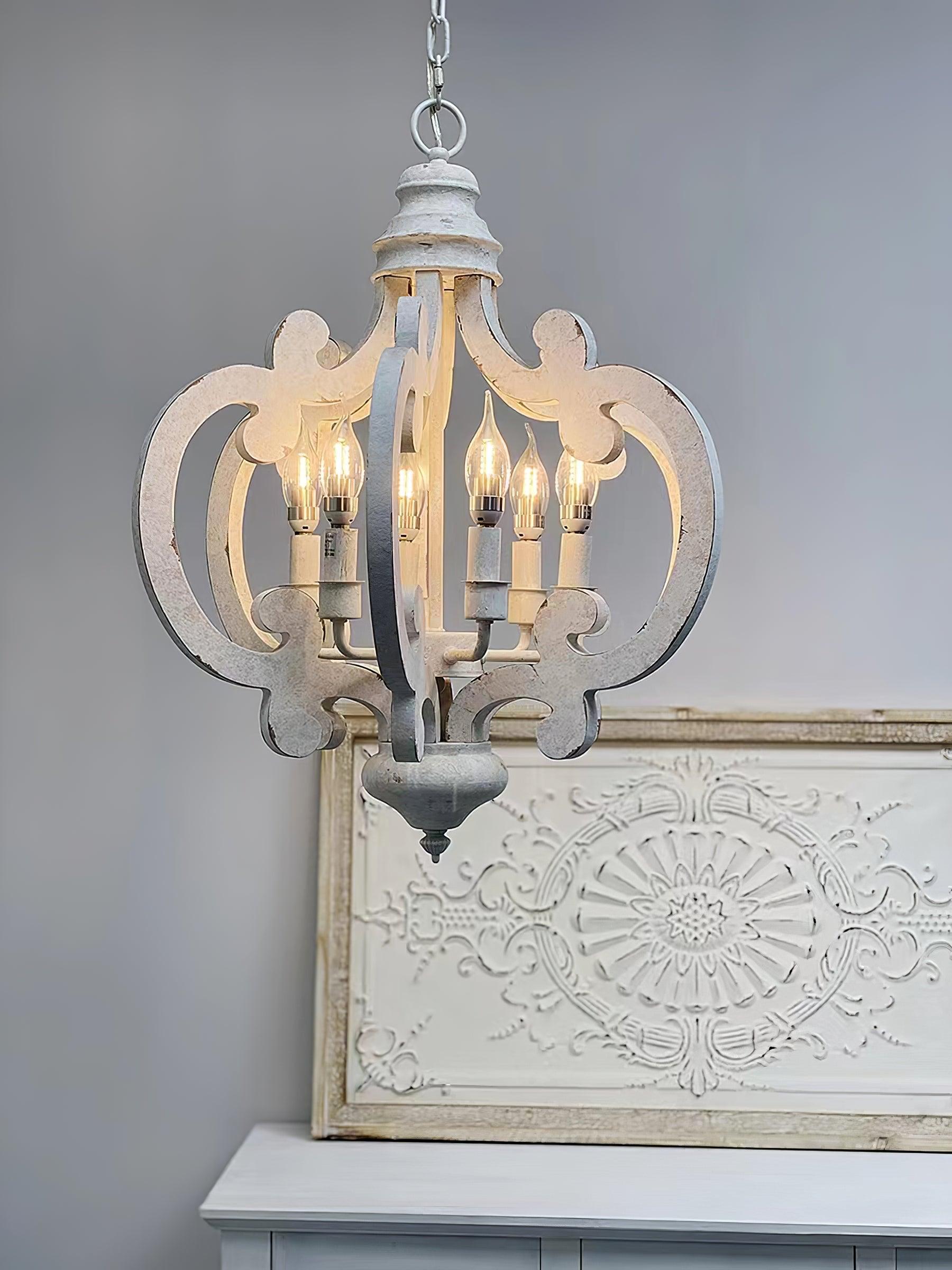 Lustra Chandelier Scroll Wood Whitewashed Rustic - Letslighting