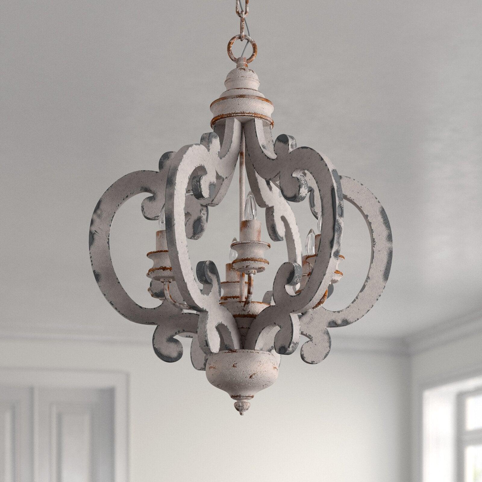 Lustra Chandelier Scroll Wood Whitewashed Rustic - Letslighting