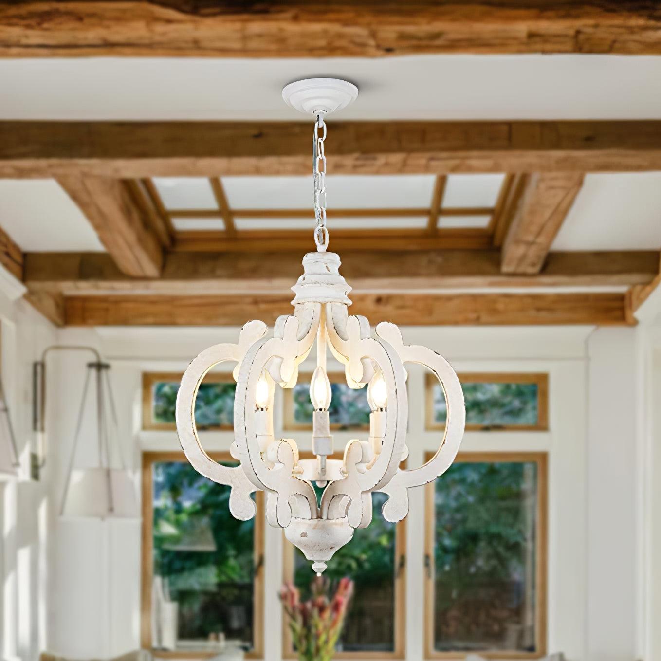 Lustra Chandelier Scroll Wood Whitewashed Rustic - Letslighting
