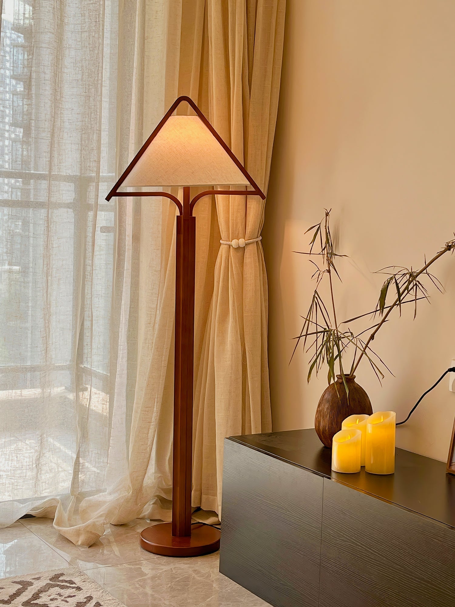 Ersolan Triangular Wood & Fabric Floor Lamp - Blowlighting