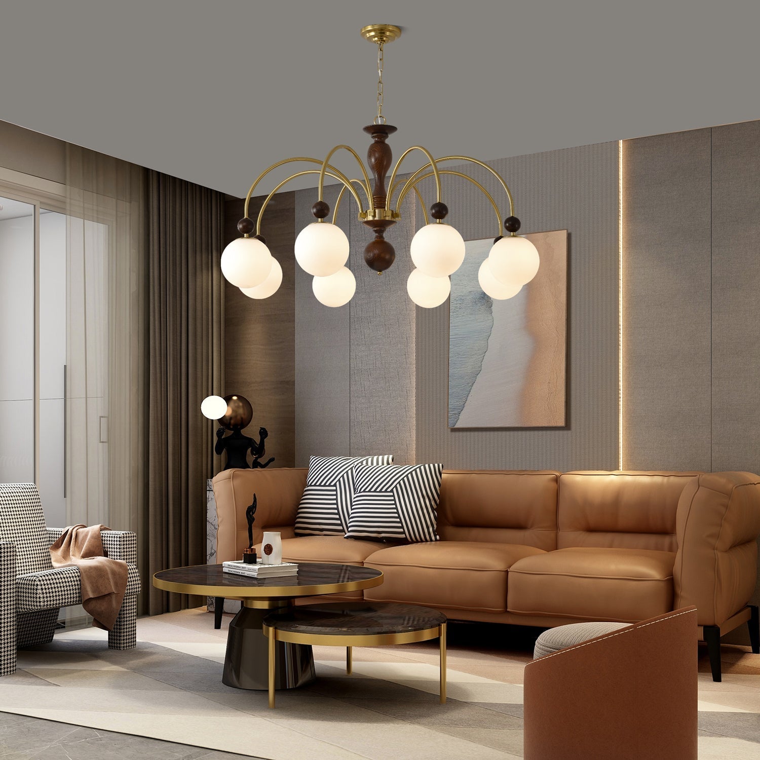 Lustra Pendant Lamp Walnut Brass Globe Vintage - Letslighting