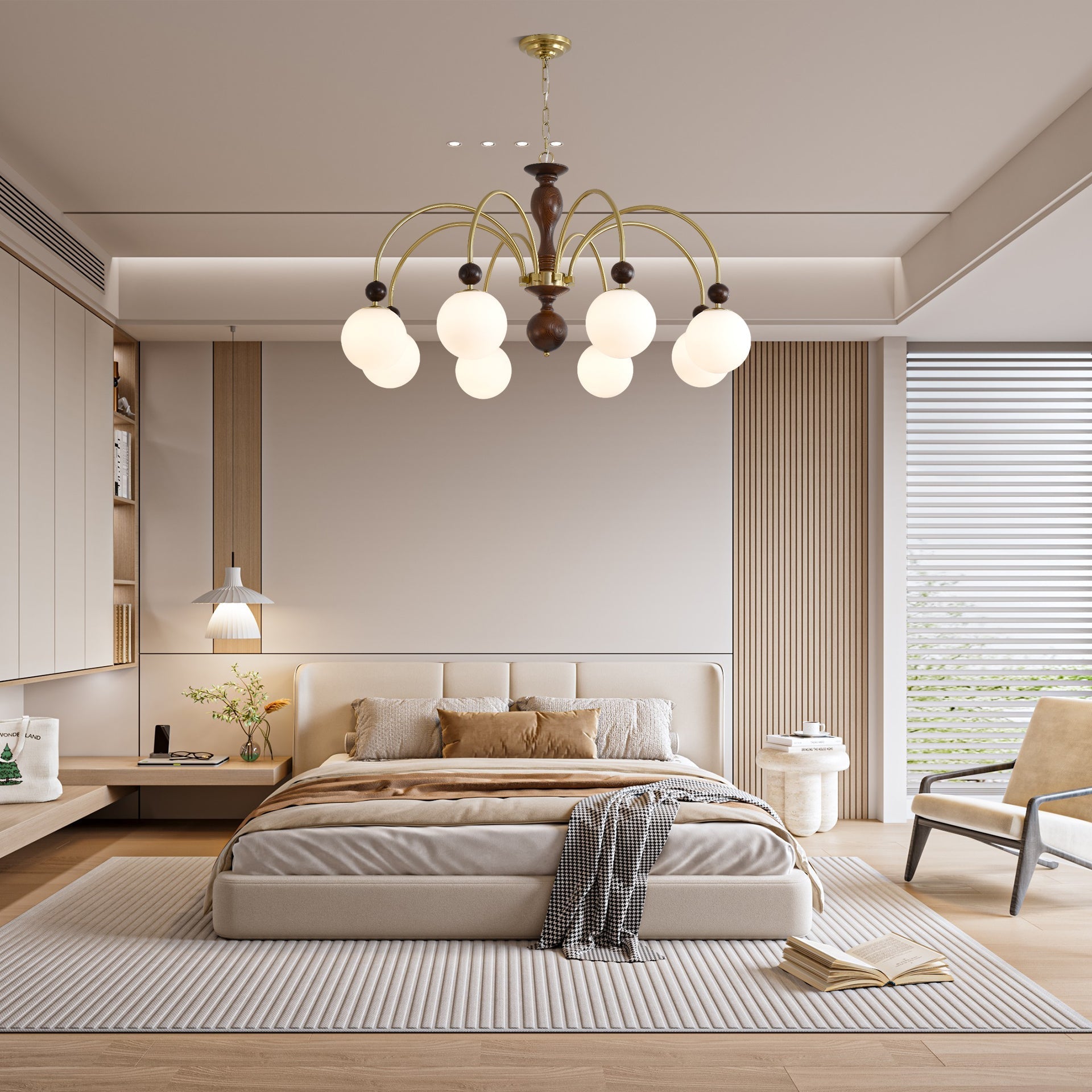 Lustra Pendant Lamp Walnut Brass Globe Vintage - Letslighting