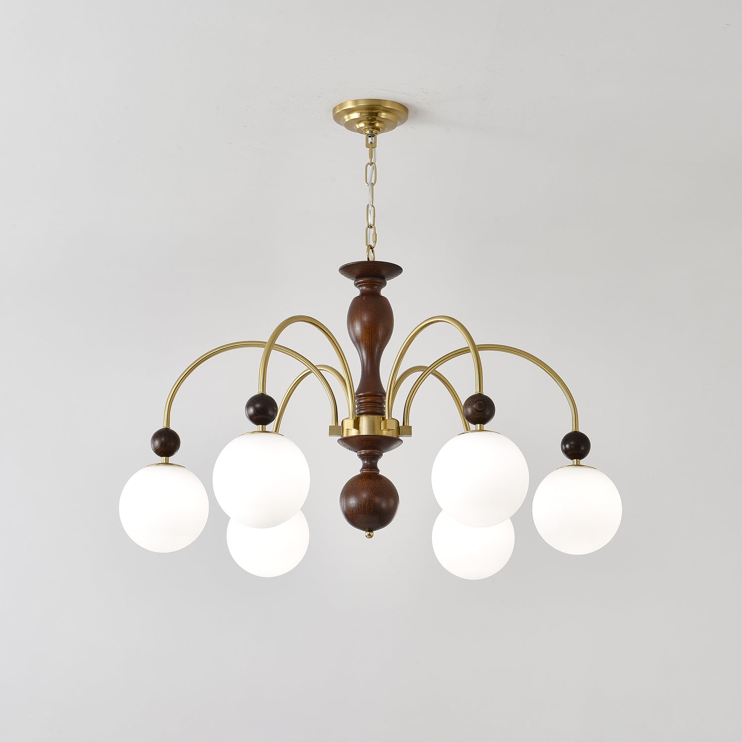 Lustra Pendant Lamp Walnut Brass Globe Vintage - Letslighting