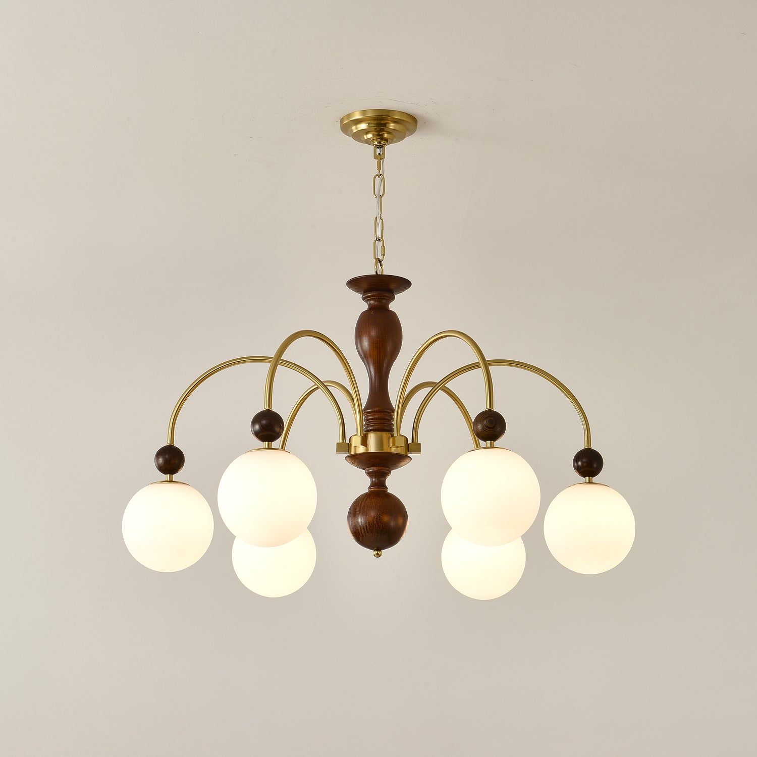 Lustra Pendant Lamp Walnut Brass Globe Vintage - Letslighting